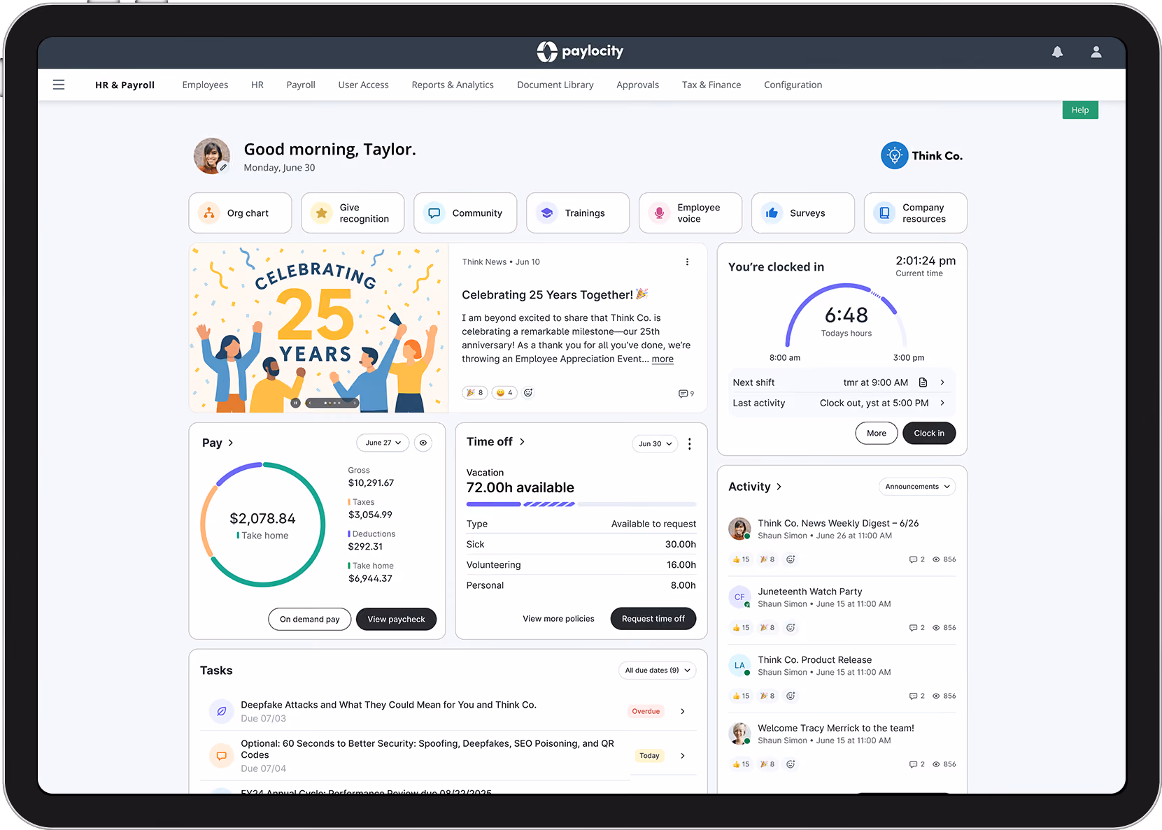 Paylocity displays its self-service dashboard with widgets for viewing your paycheck, completing assigned tasks, clocking in for a shift, and requesting time off.