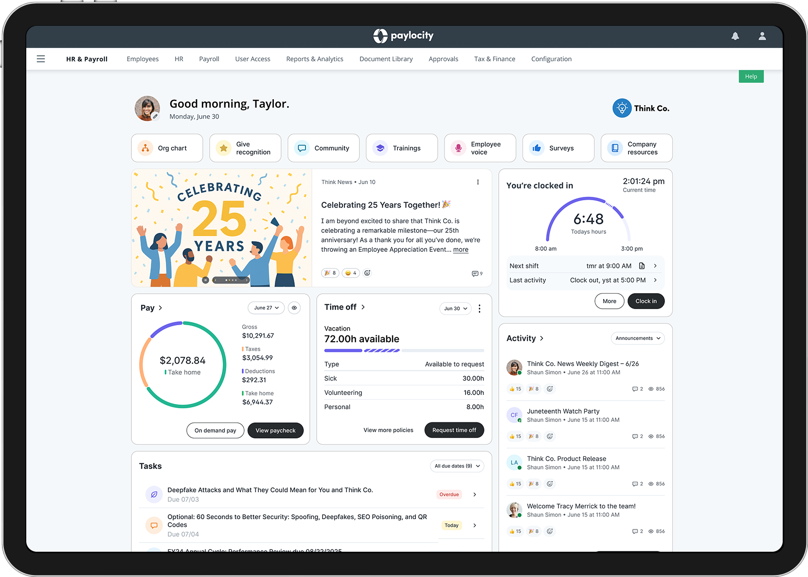 Paylocity displays its self-service dashboard with widgets for viewing your paycheck, completing assigned tasks, clocking in for a shift, and requesting time off.
