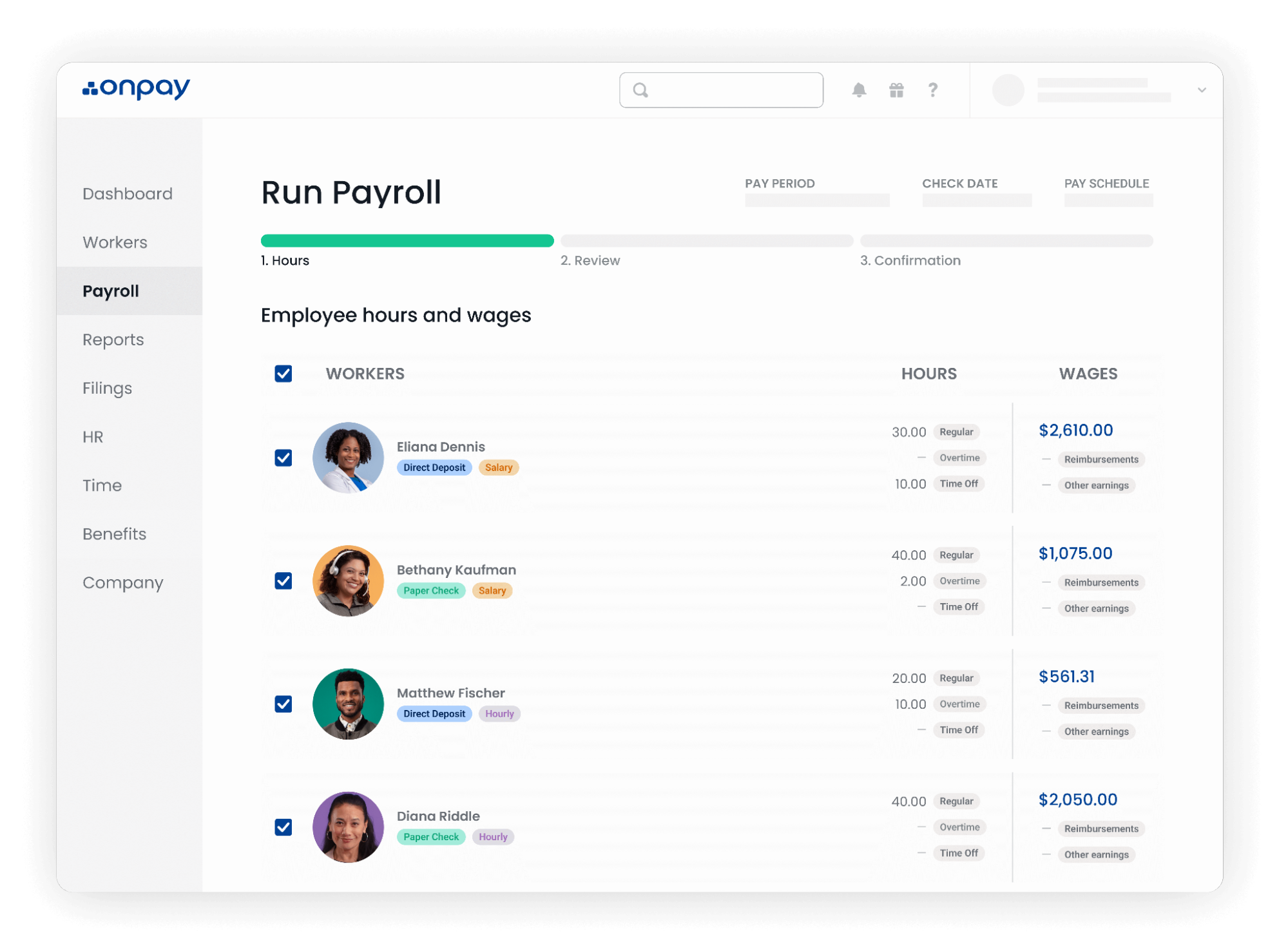 OnPay displays its payroll dashboard, with a progress bar at the top and a list of employee names, hours, and gross wages for the current pay period.
