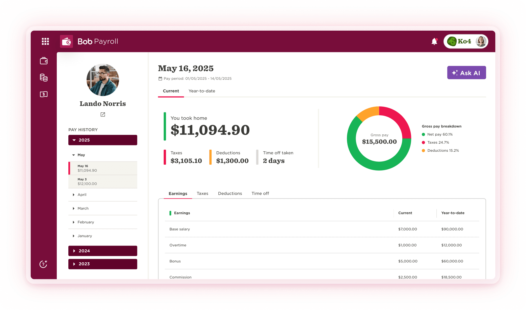 Bob displays its U.S. Payroll module, showing payroll history for employee Lando Norris, including current take-home pay, earnings, taxes, and deductions.