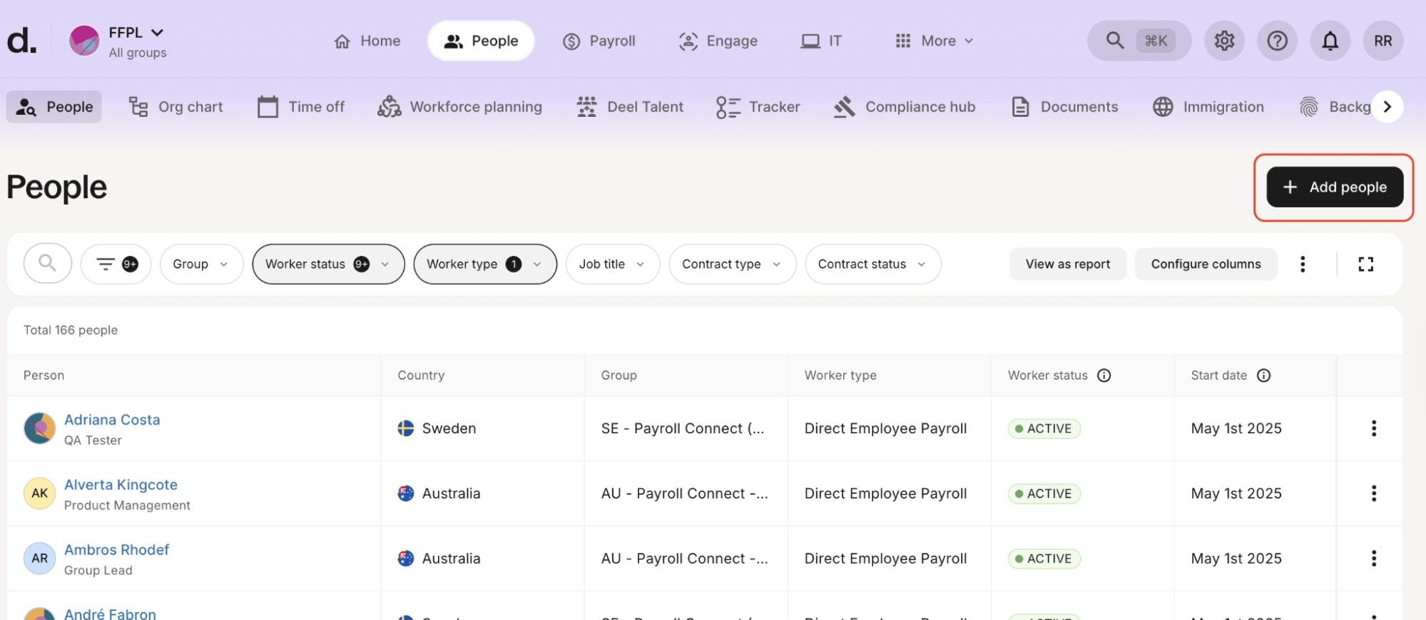 Deel HRIS displays its employee roster dashboard with columns listing employee names, countries, groups, worker types, worker statuses, and start dates.