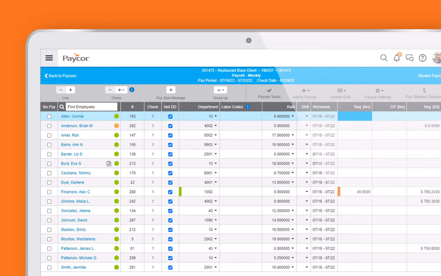 Paycor displays its pay grid with columns listing employee names, ID numbers, check numbers, departments, labor codes, rates, shifts, workweek, regular hours, and overtime hours.