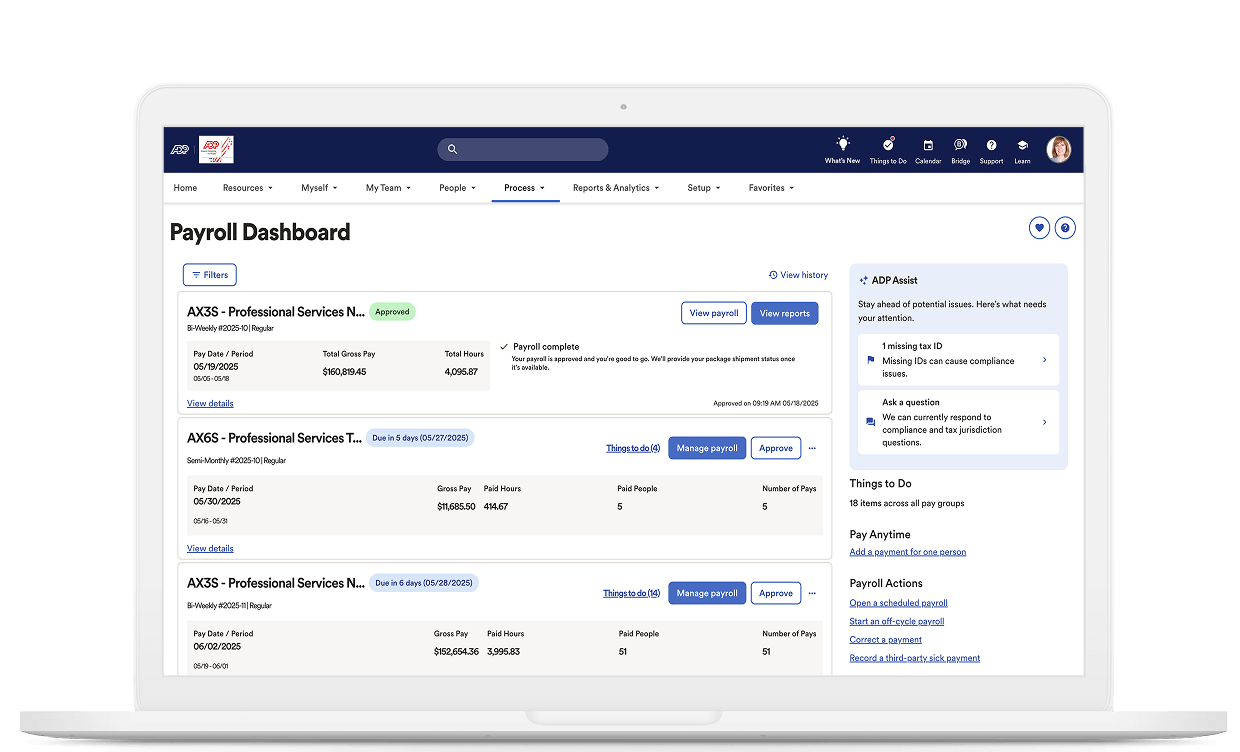 ADP Workforce Now displays its payroll dashboard with widgets to access reports for the most recently approved payroll or to start completing the two upcoming payrolls.