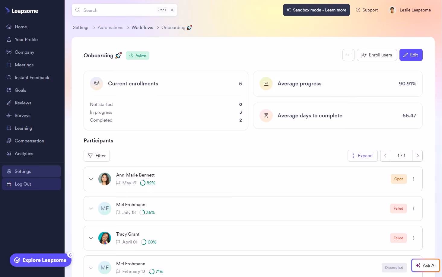 Leapsome onboarding tool