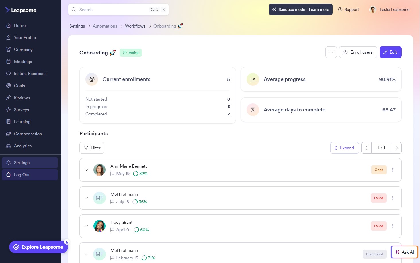Leapsome onboarding tool