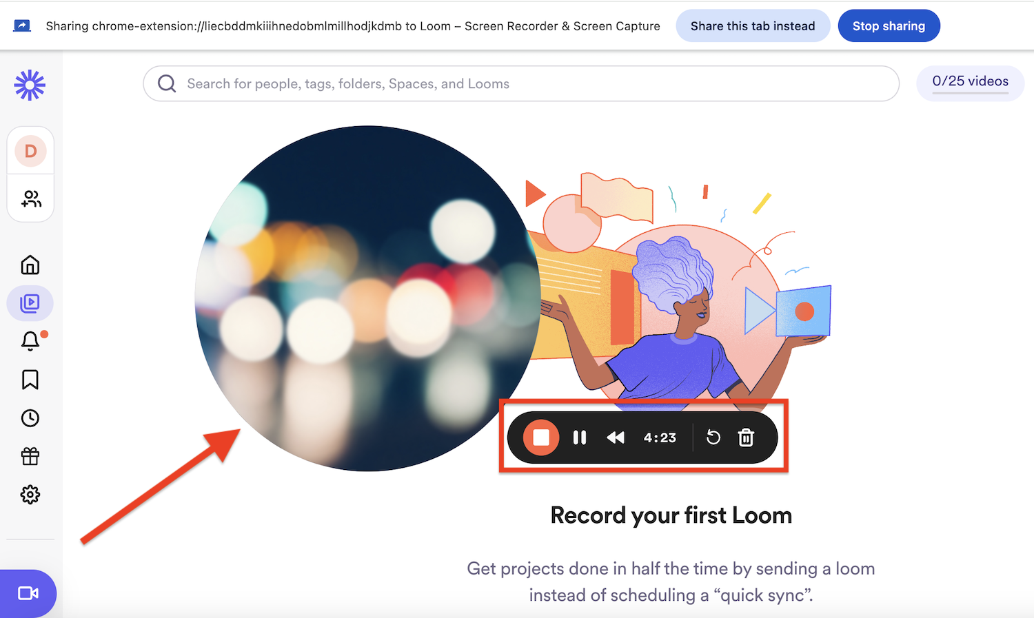 Loom displays its screen recording dashboard with a navigation pane on the left, a recorded image in the middle, and buttons to stop, pause, rewind, delete, and share in a different browser tab.