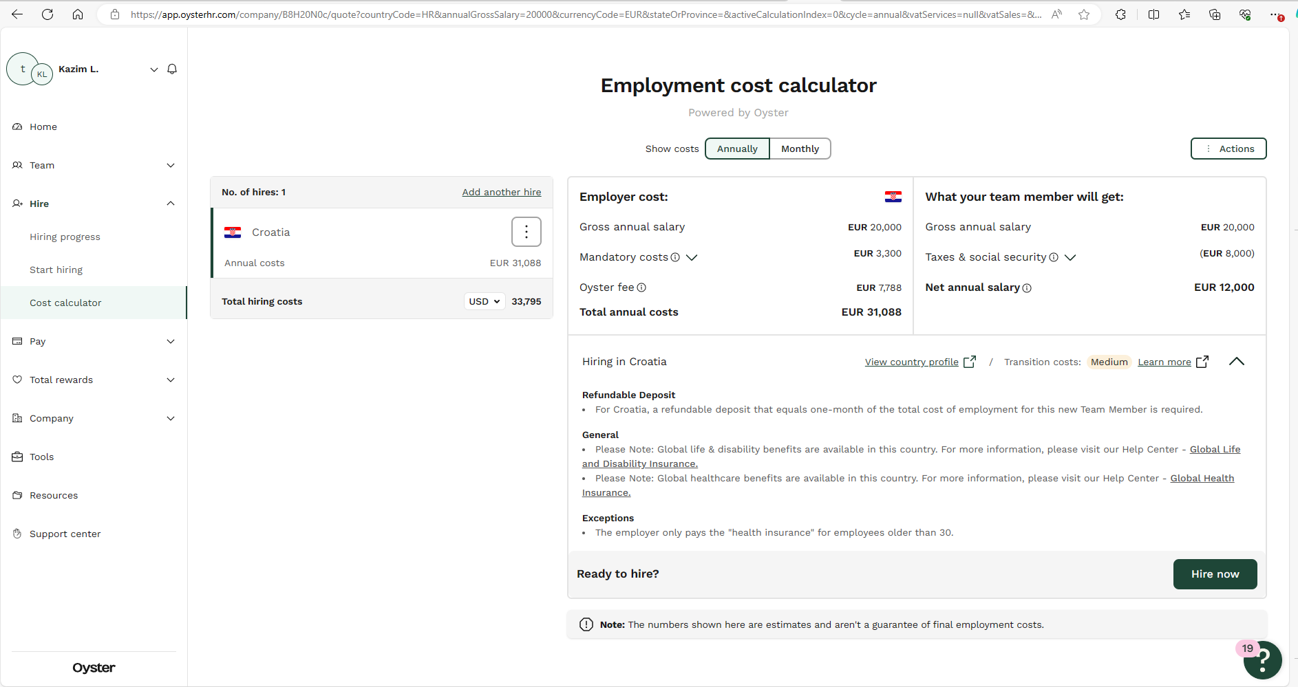 Oyster employer of record cost calculator