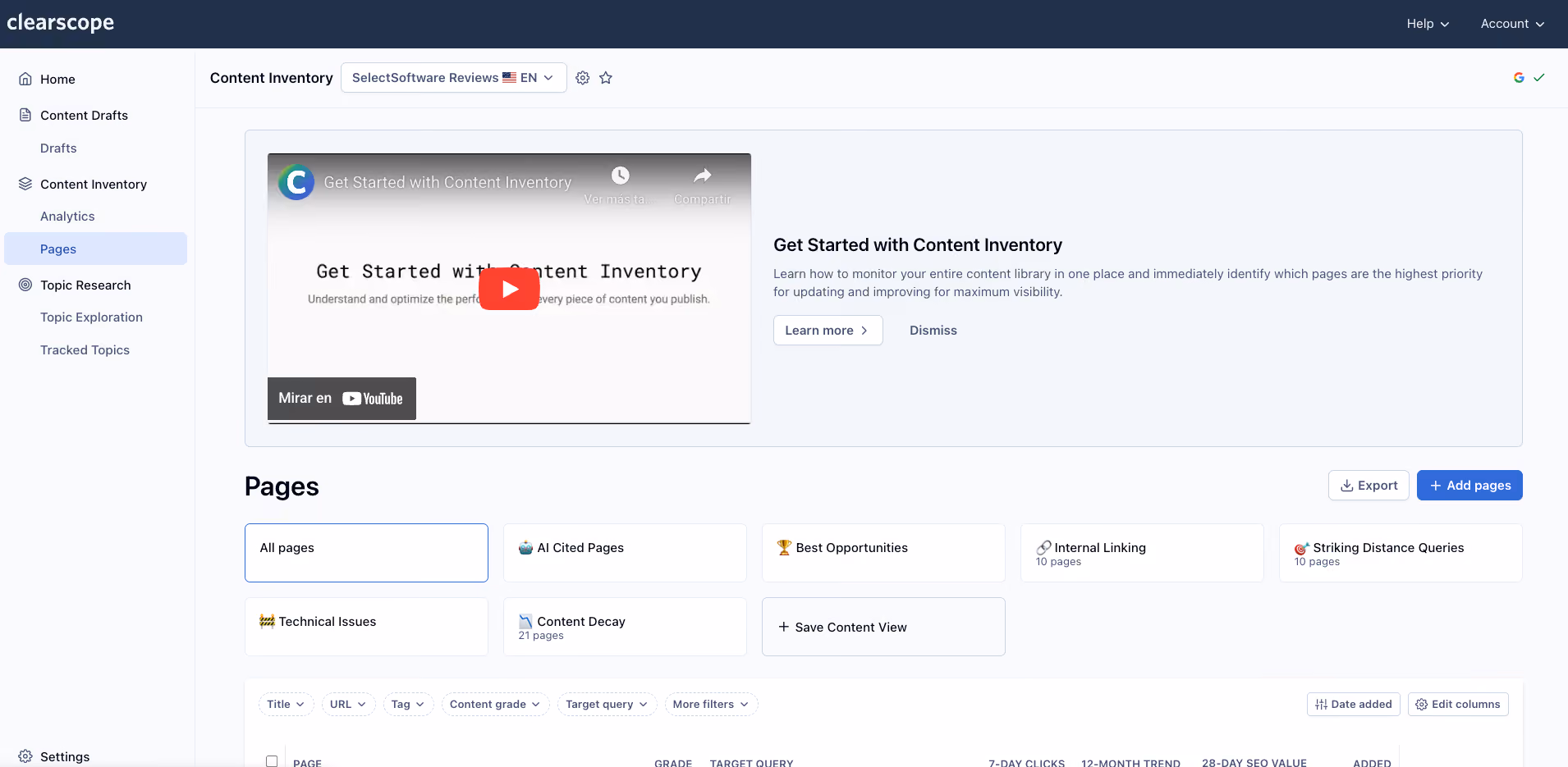 Clearscope’s pages overview within their content inventory dashboard.