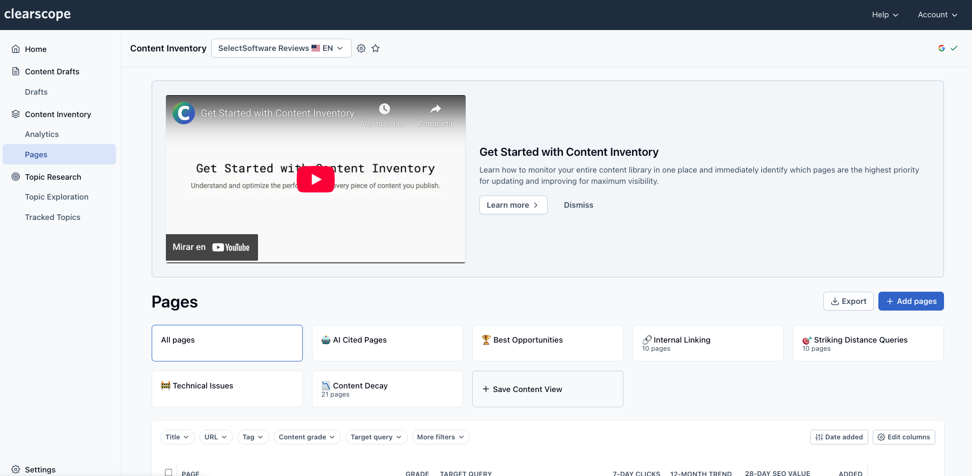 Clearscope’s pages overview within their content inventory dashboard.