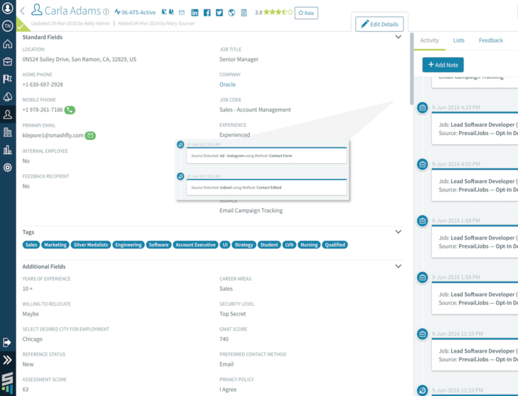 Smashfly candidate overview in CRM database