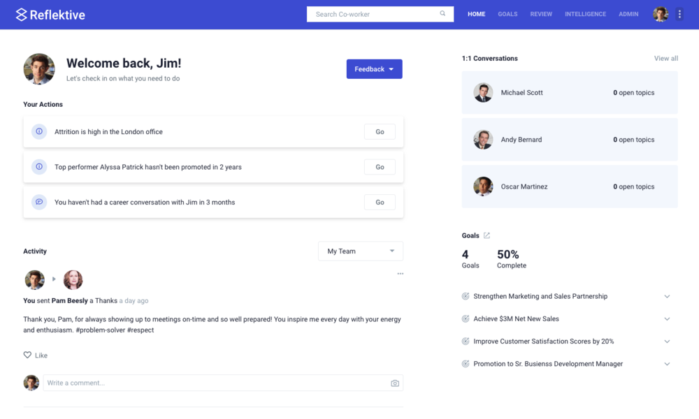 Reflektive dashboard showing employee engagement and performance data