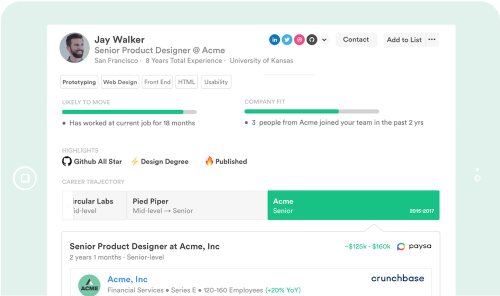 Screenshot of Entelo recruiting candidate information