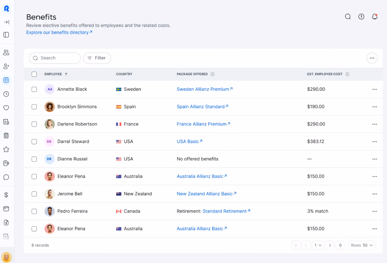 Multi-country benefits management view on Remote’s EOR platform