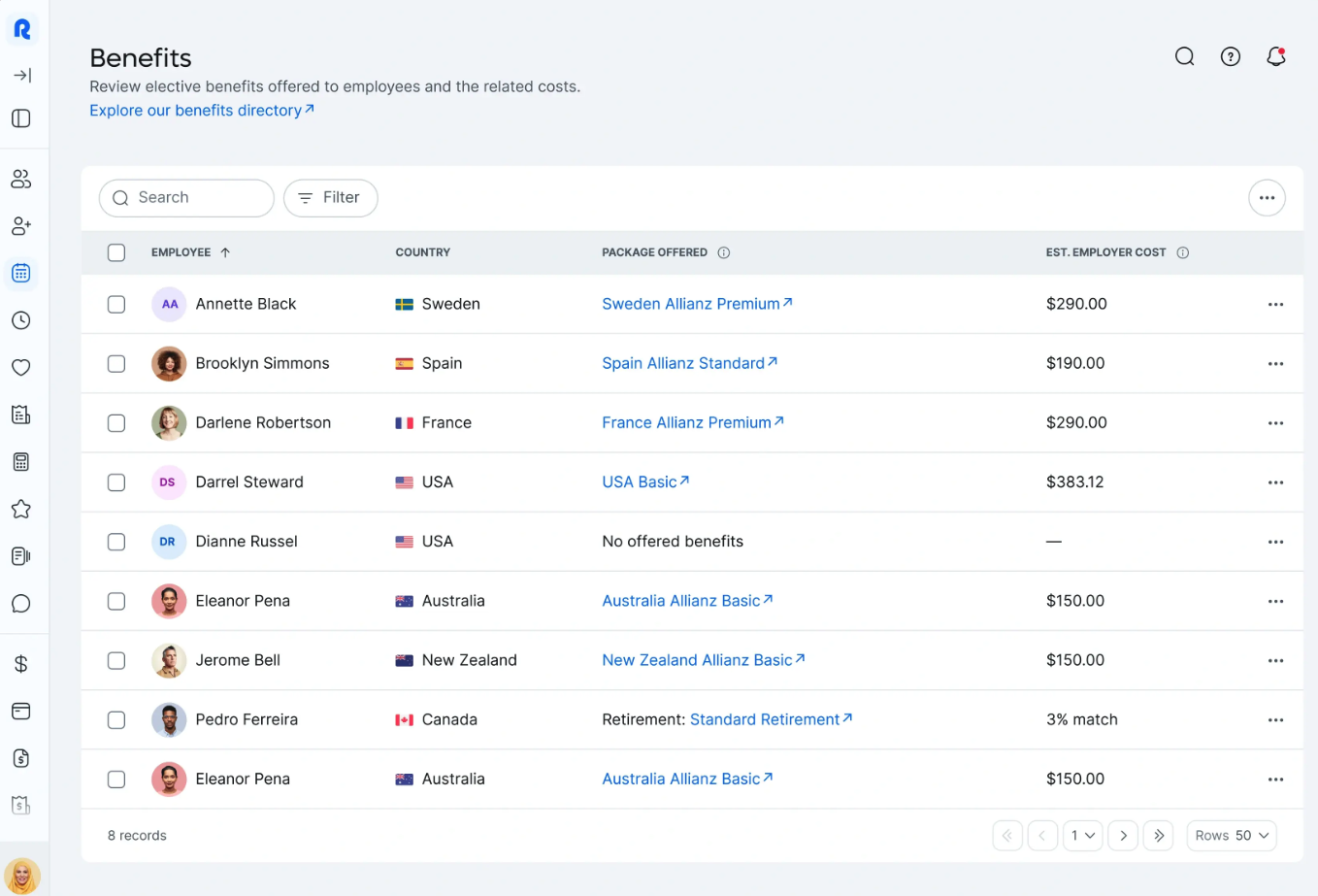 Multi-country benefits management view on Remote’s EOR platform