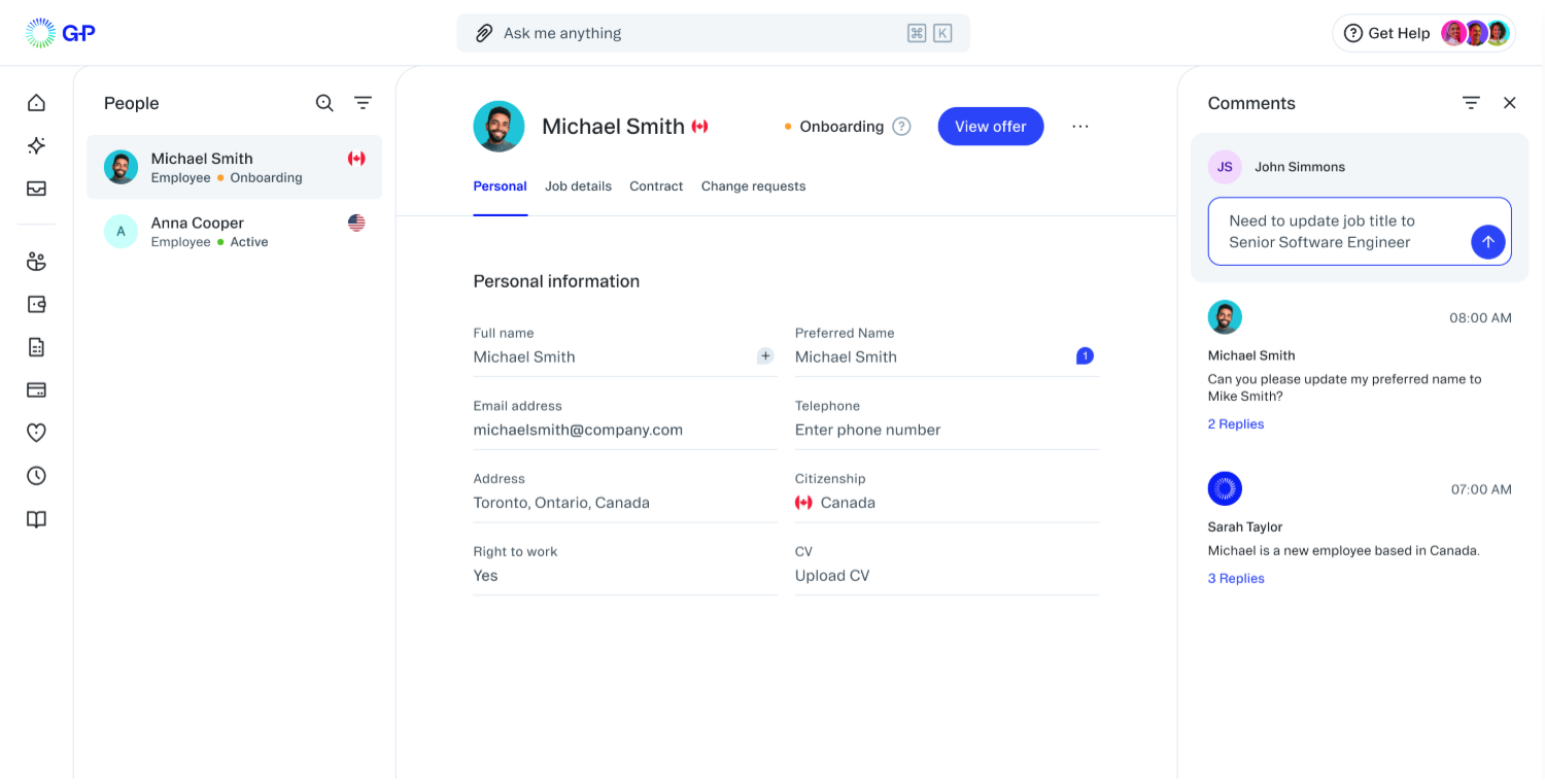 G-P’s view of their EOR people management dashboard.