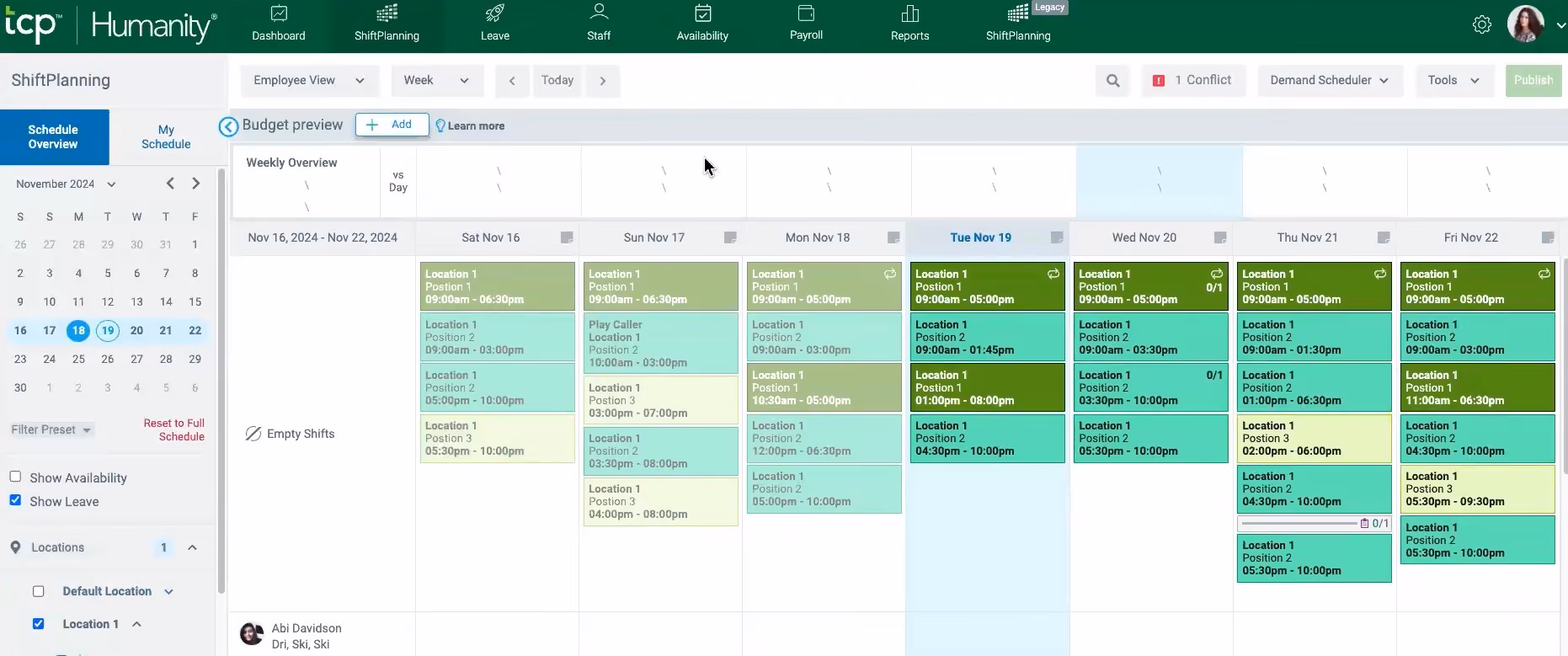 TCP Humanity Schedule for restaurant scheduling