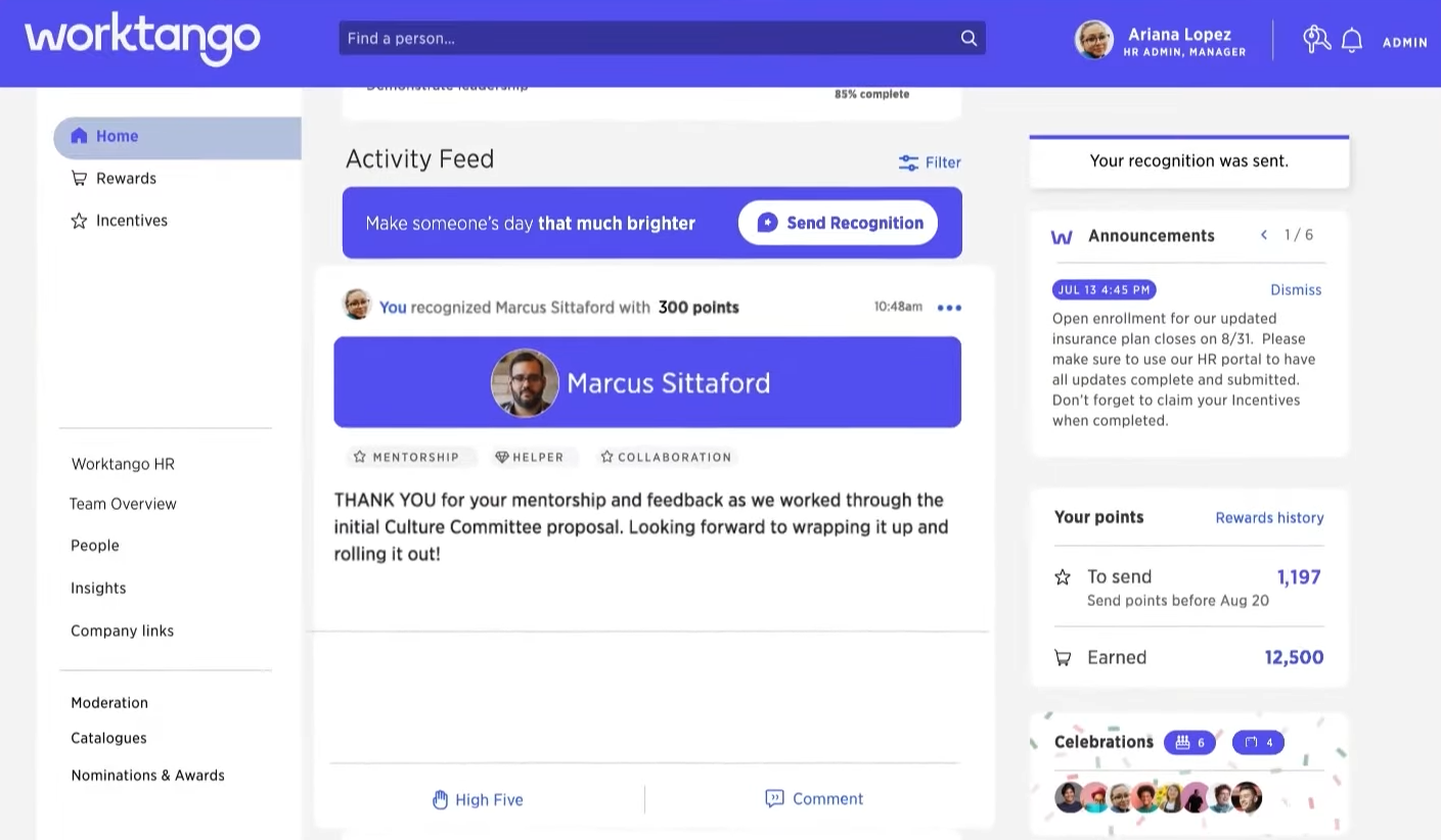 Worktango employee rewards platform dashboard