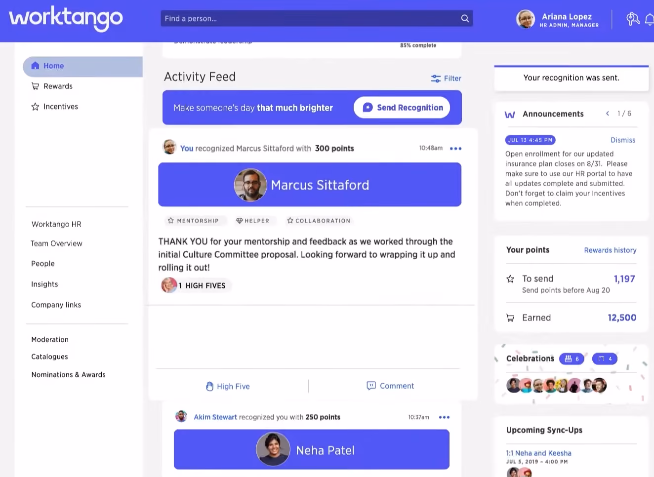 Worktango employee recognition platform dashboard
