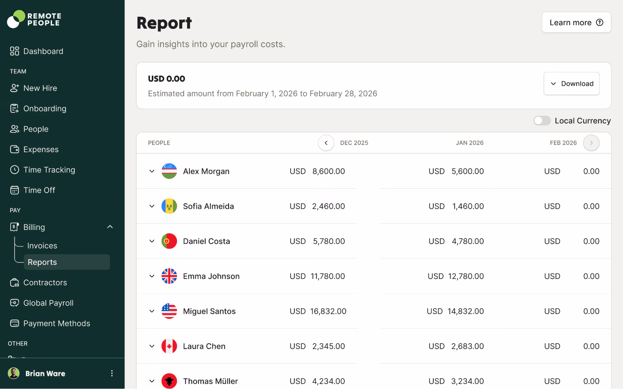 Dashboard of Remote People EOR platform for hiring in Canada