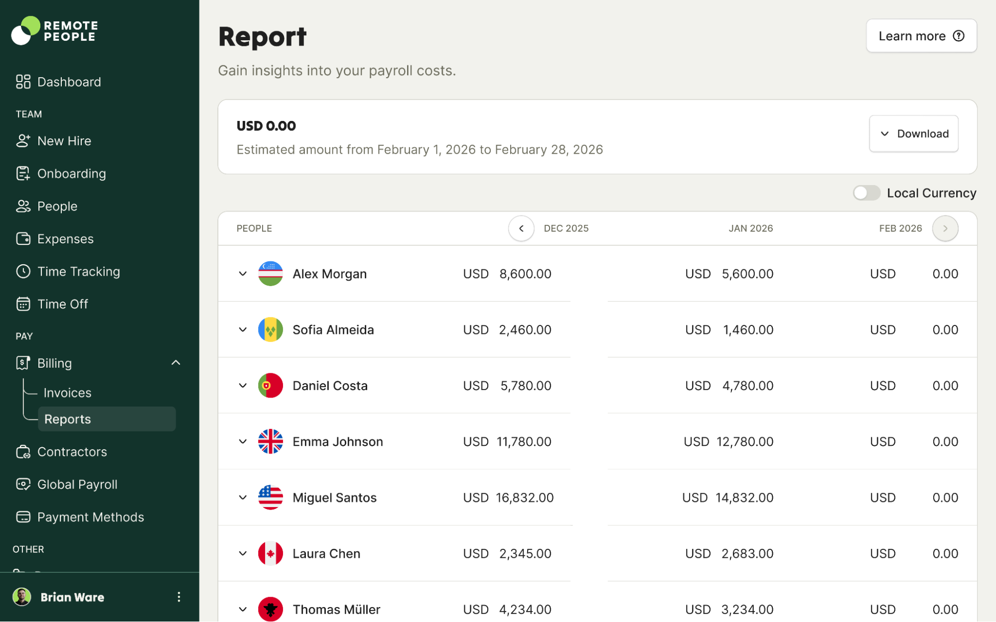 Dashboard of Remote People EOR platform for hiring in Canada