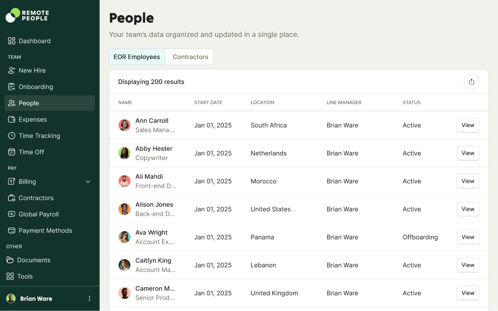 Remote People EOR platform dashboard