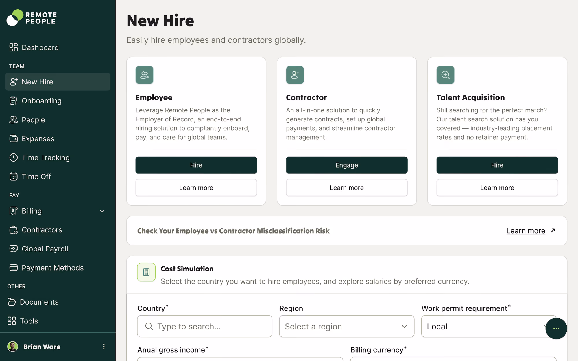 Dashboard of Remote People EOR platform for hiring in the Philippines