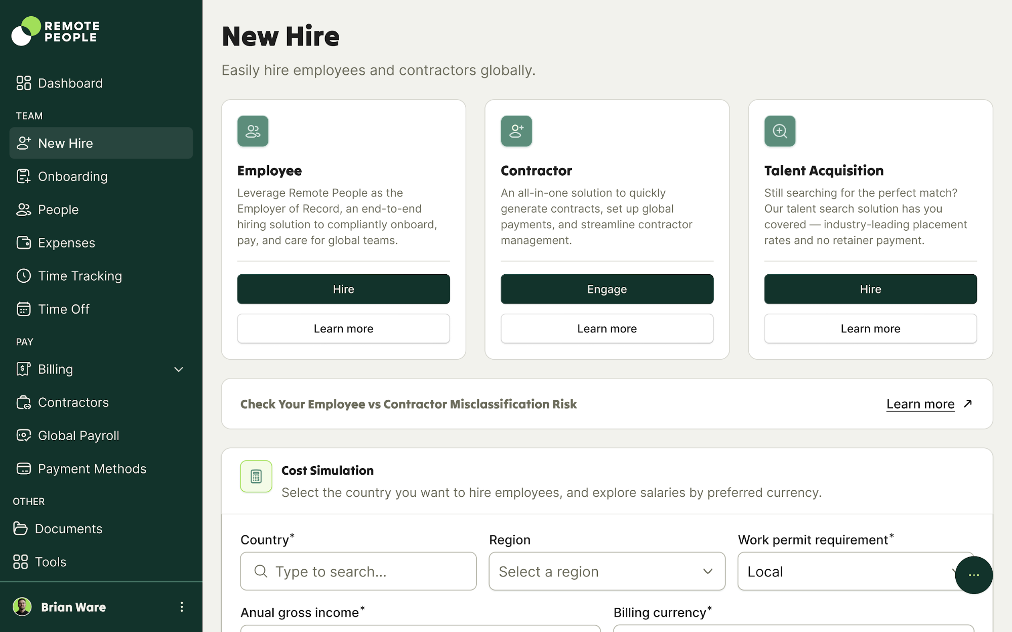 Dashboard of Remote People EOR platform for hiring in the Philippines