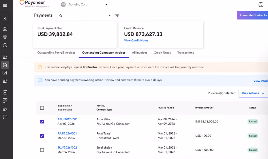 Payoneer Workforce Management platform