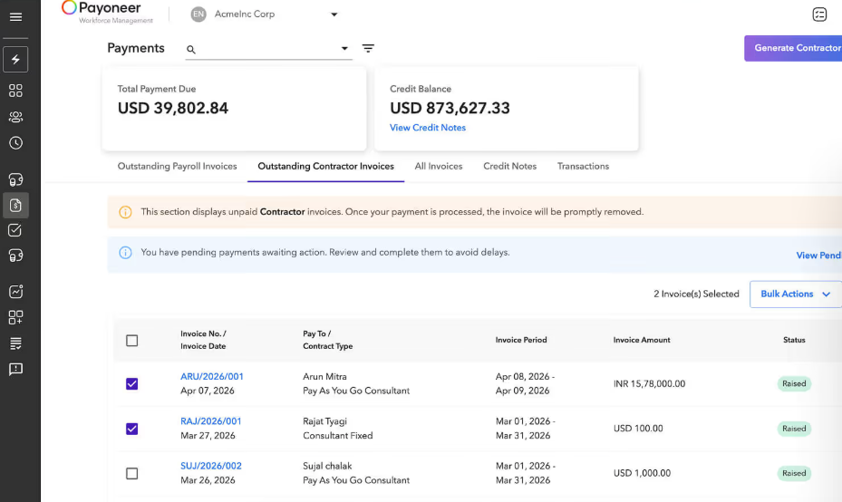 Payoneer Workforce Management platform
