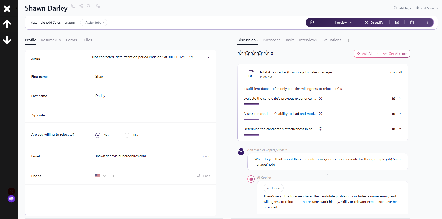 A 100Hires ATS interface capture obtained by editor Anh Nguyen during her platform evaluation