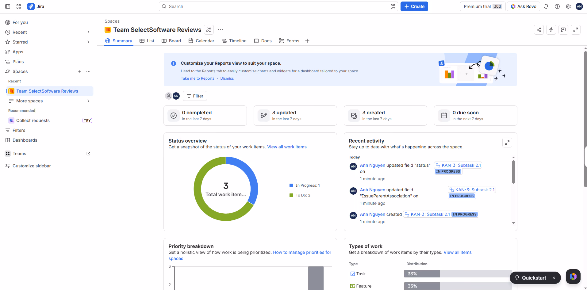 Inside Jira platform’s Spaces. Image credit: Anh Nguyen/SelectSoftware Reviews