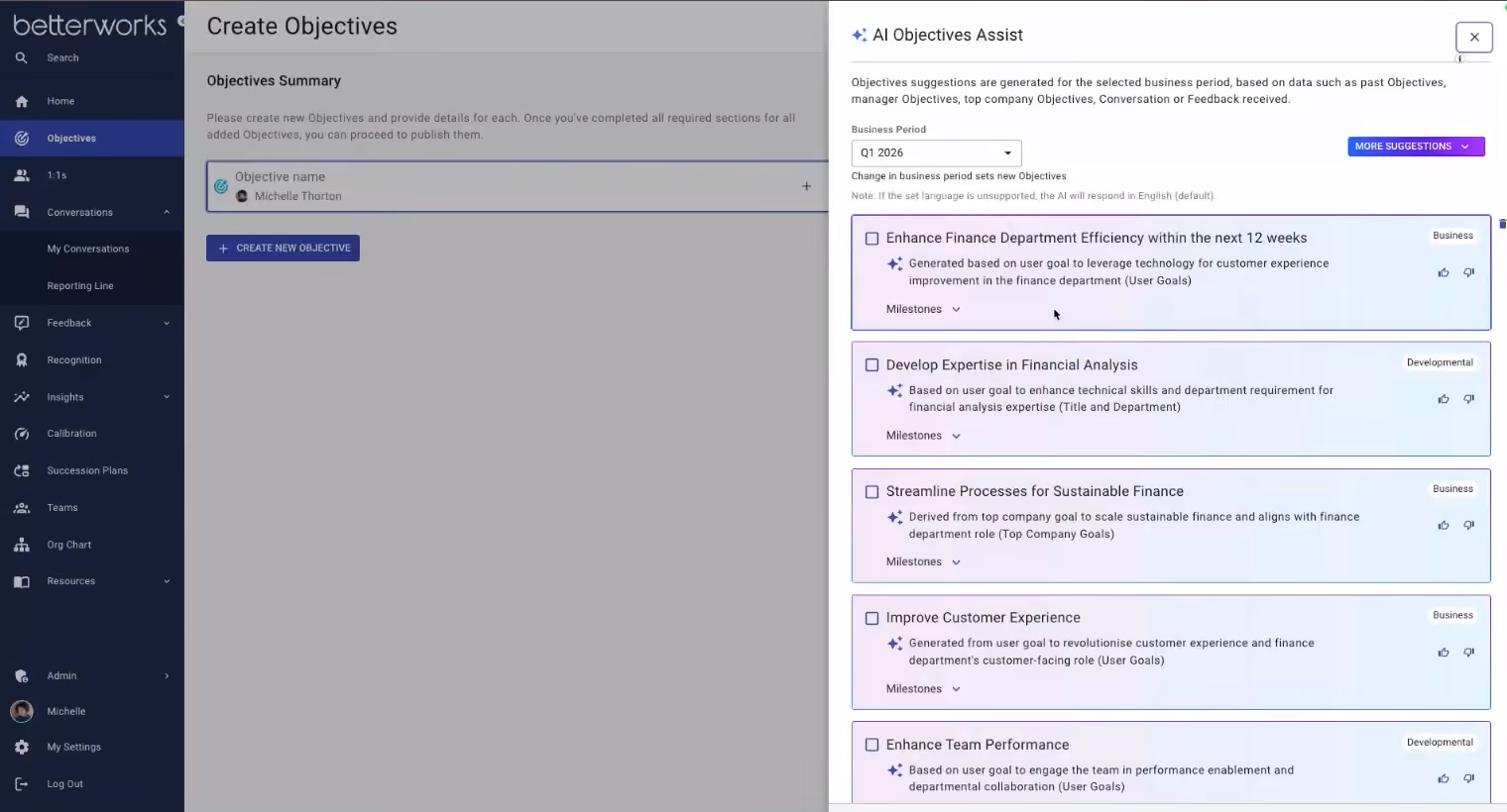 Betterworks dashboard screenshot - one of the best performance management software