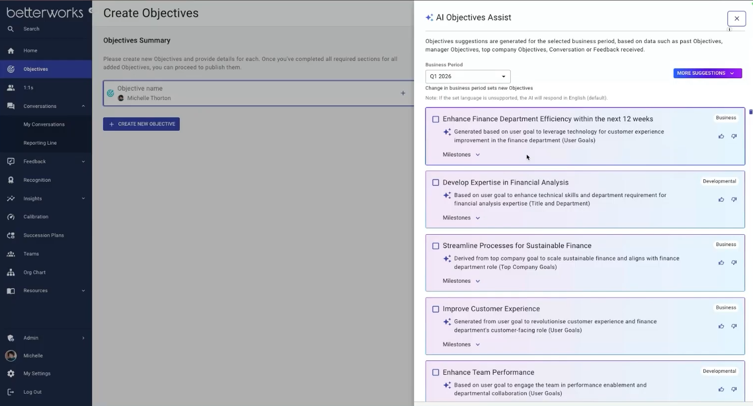 Betterworks dashboard screenshot - one of the best performance management software