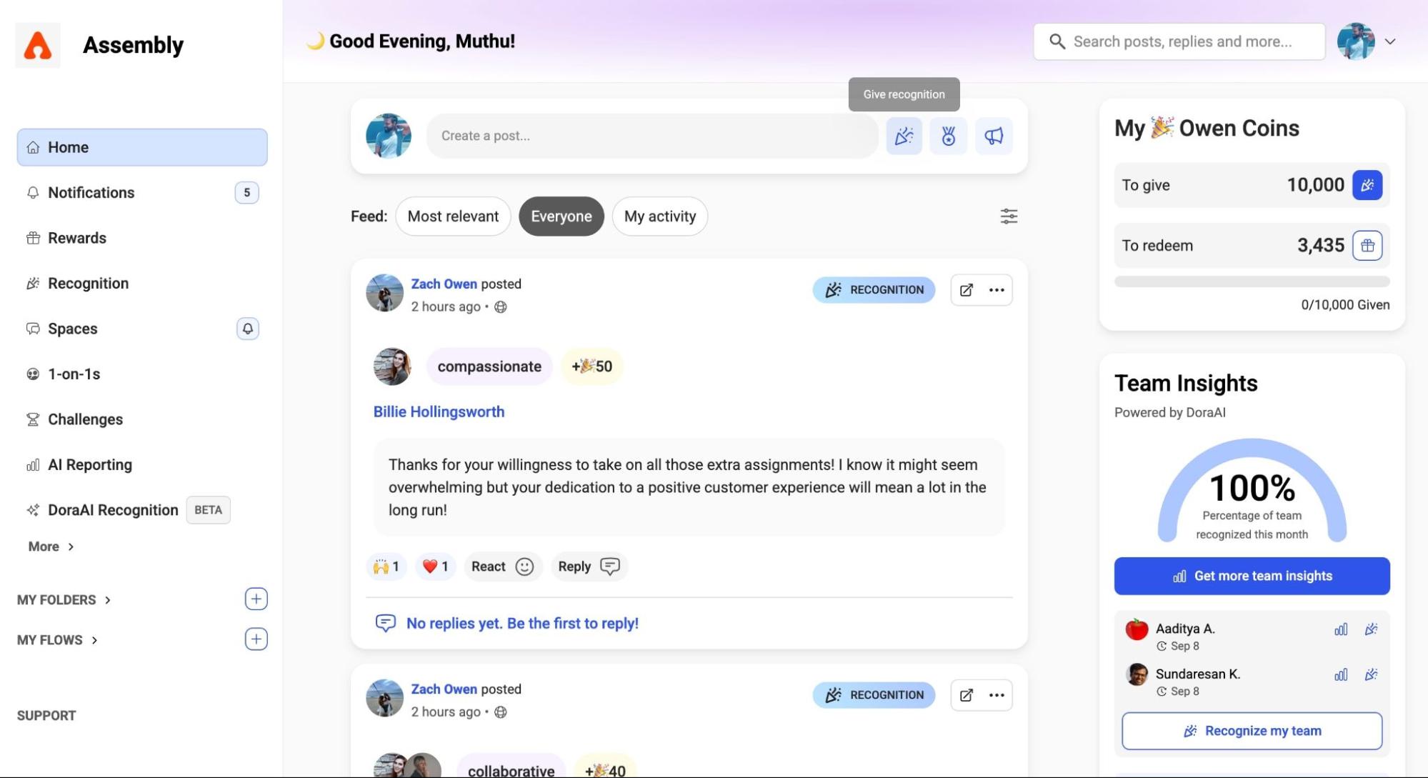 Our reviewer took Assembly's Employee Engagement Platform dashboard screenshot during the demo