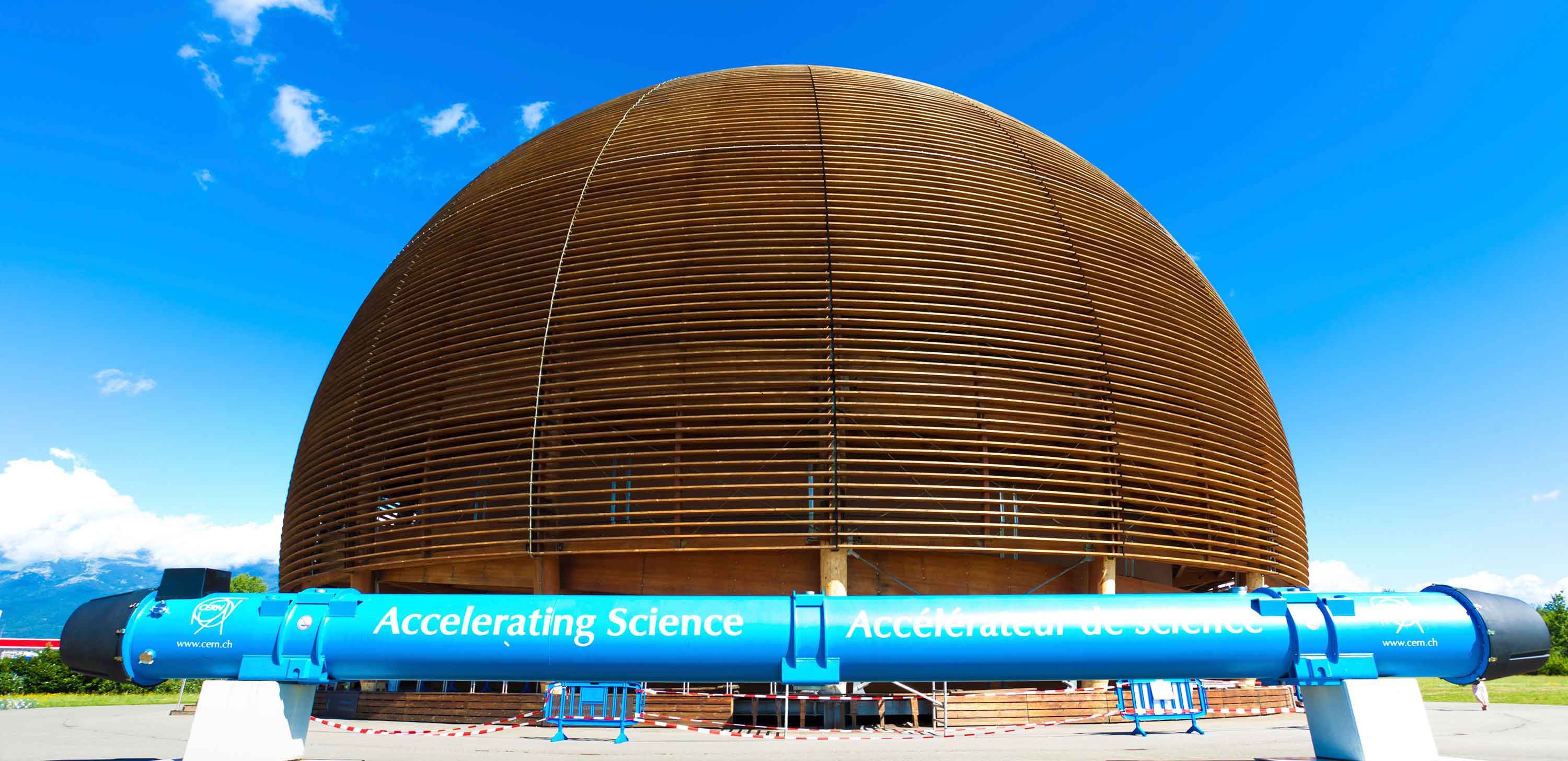The Globe of Science and Innovation at CERN in Geneva under a blue sky