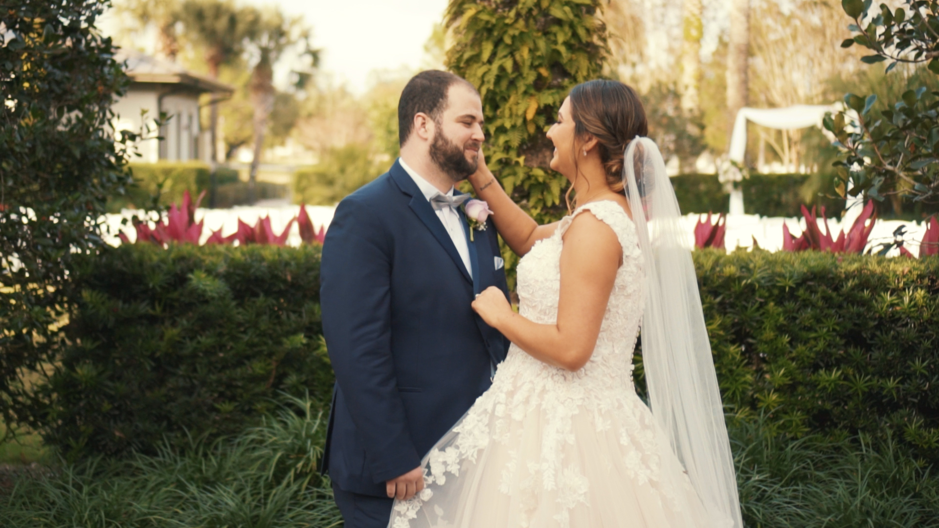 Bride and groom can't stop smiling after tropical wedding ceremony!