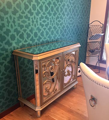 Dark Teal Moroccan stenciled accent wall