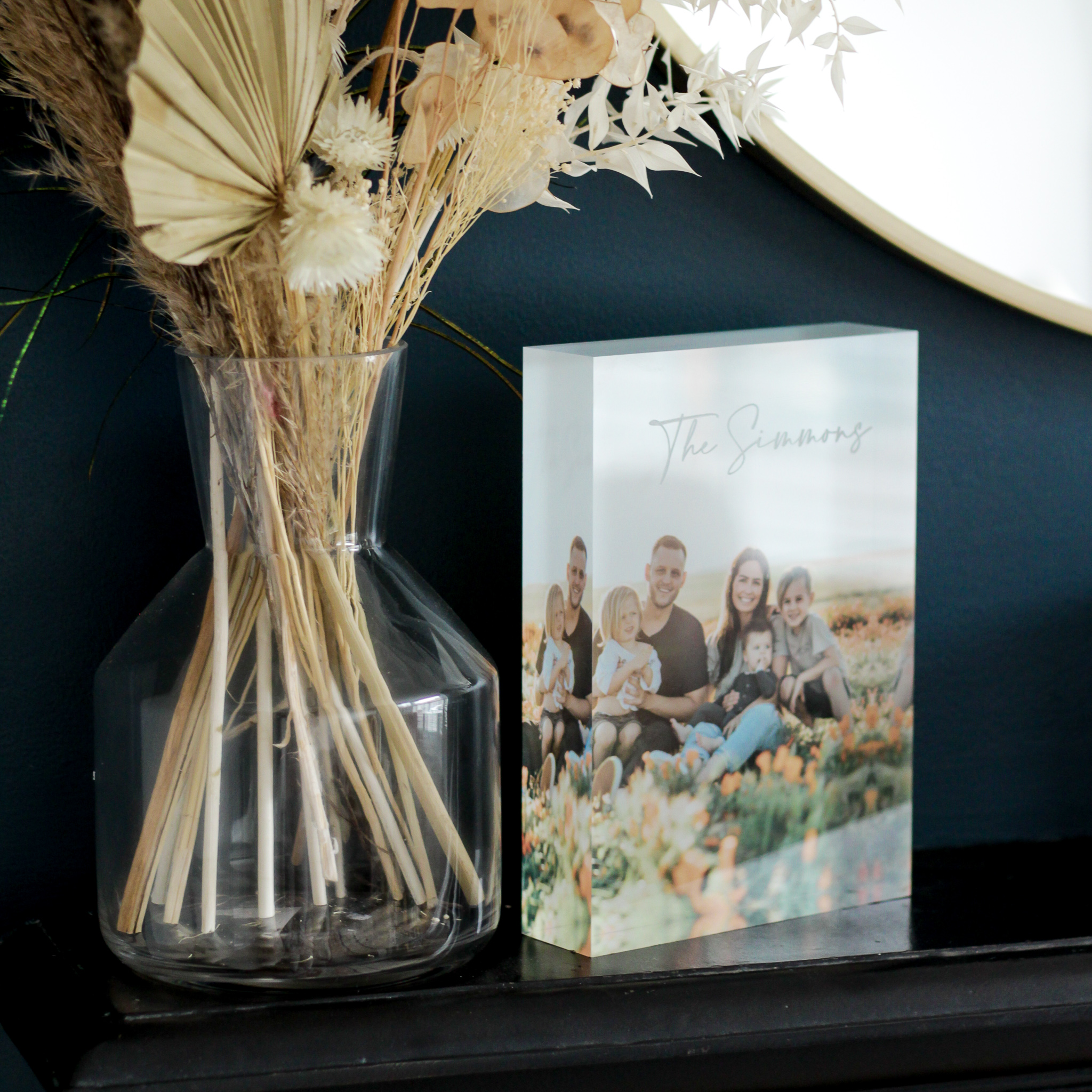 Acrylic photo block on stylish mantlepiece