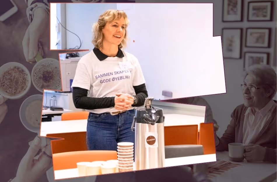 Nina fra VilMer ønsker velkommen til Hverdagstreffet – et varmt og sosialt møtested for eldre.