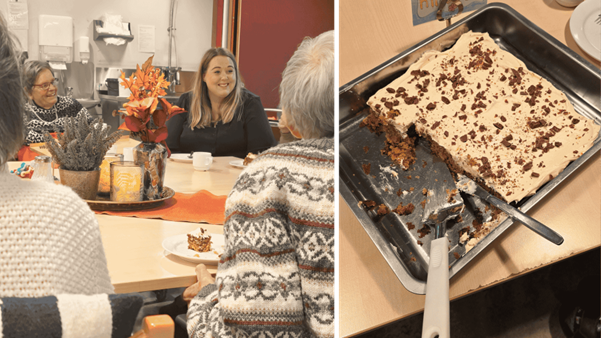 Frivillig ordfører smiler og spiser kake med beboere