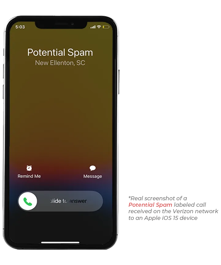 Real screenshot of a Potential Spam labeled call received on the Verizon network to an Apple iOS 15 device