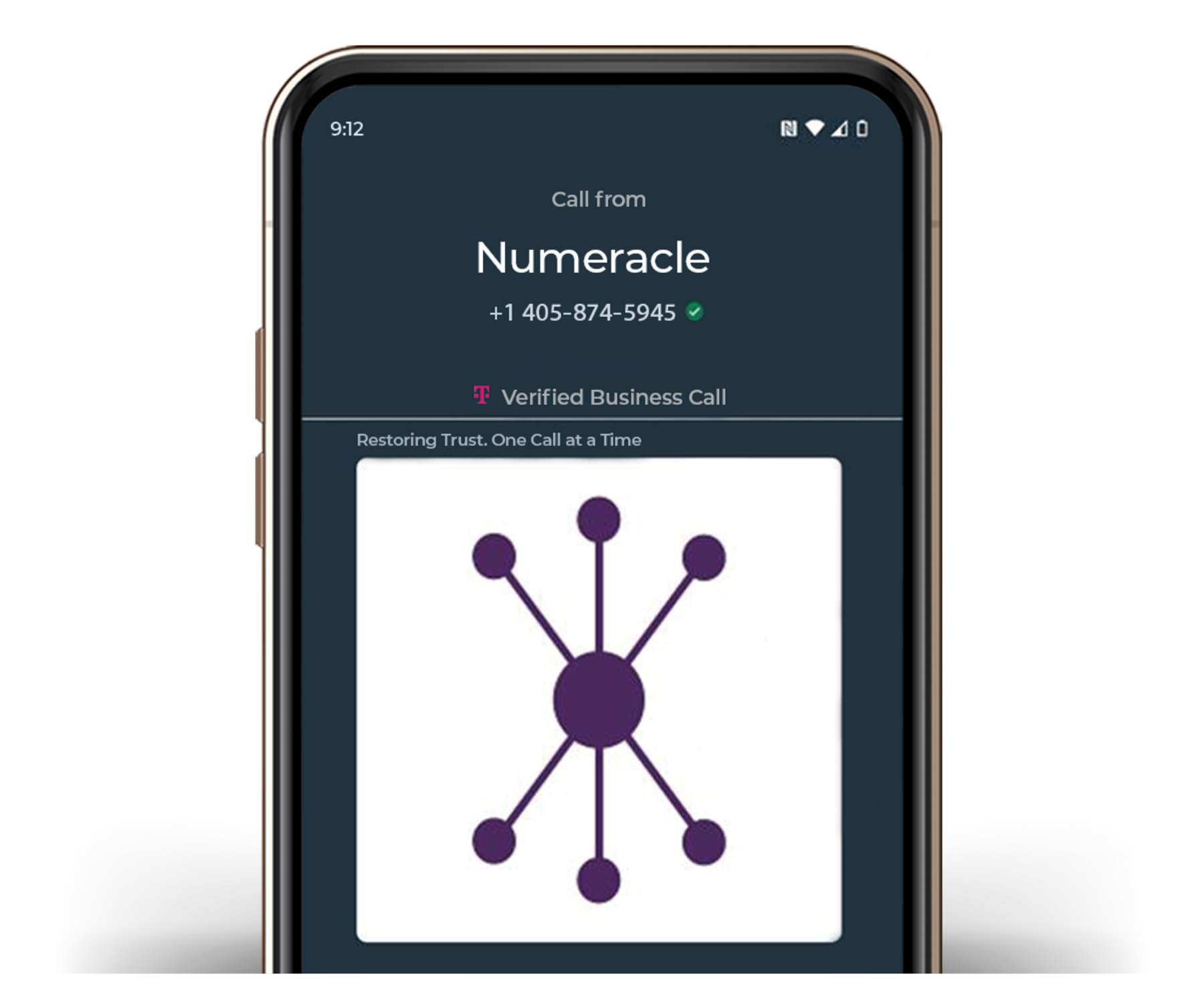 Real screenshot of a BCID-enabled phone call with logo, delivered via Numeracle's sVIP solution to T-Mobile network on a Motorola Android device