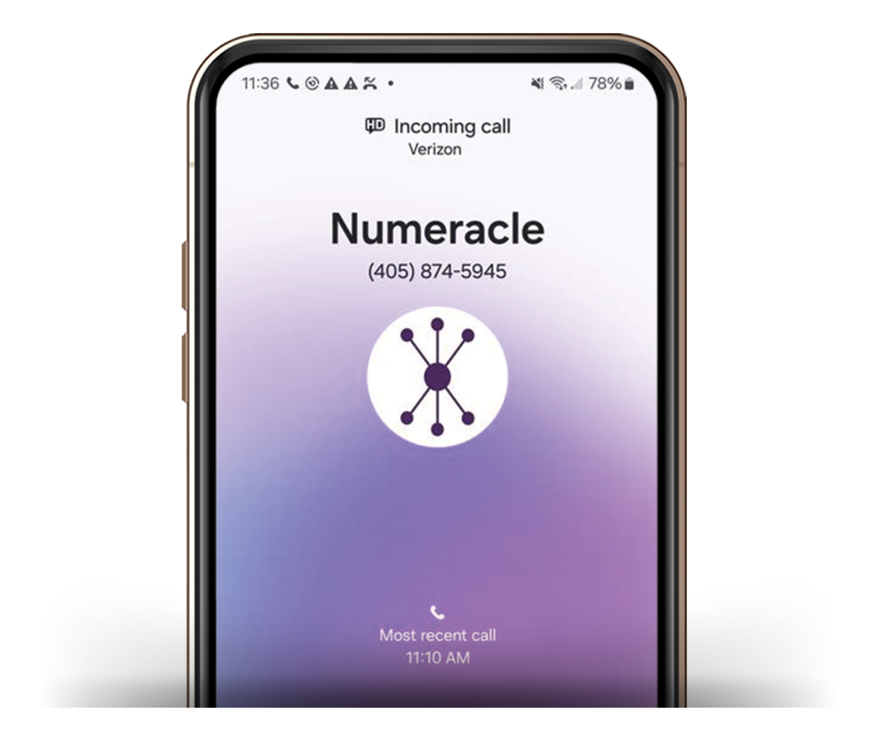 Real screenshot of a BCID-enabled phone call with logo, delivered via Numeracle's sVIP solution to Verizon network on an Android device