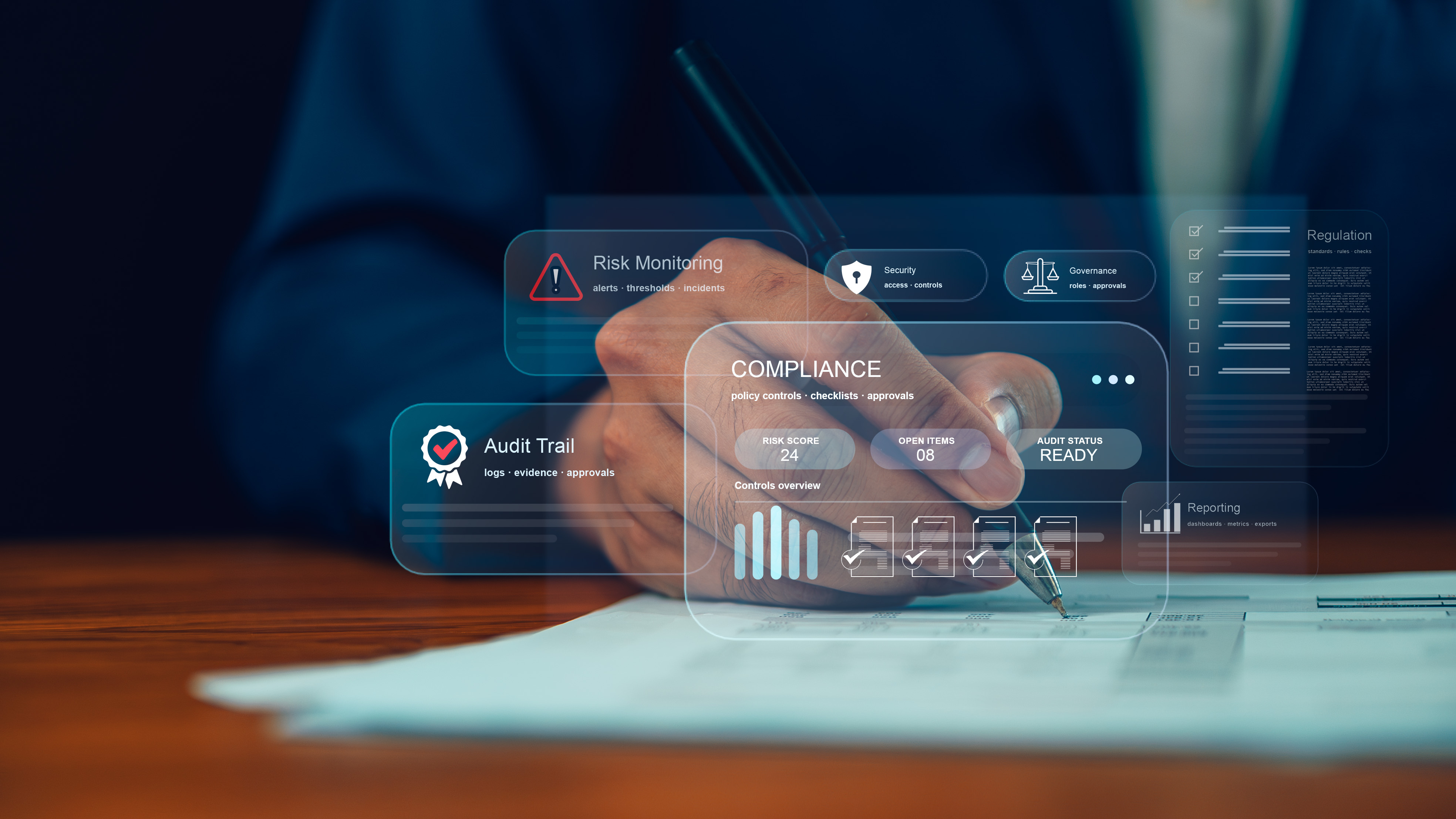 Stock image: compliance, audit trail, signing documents