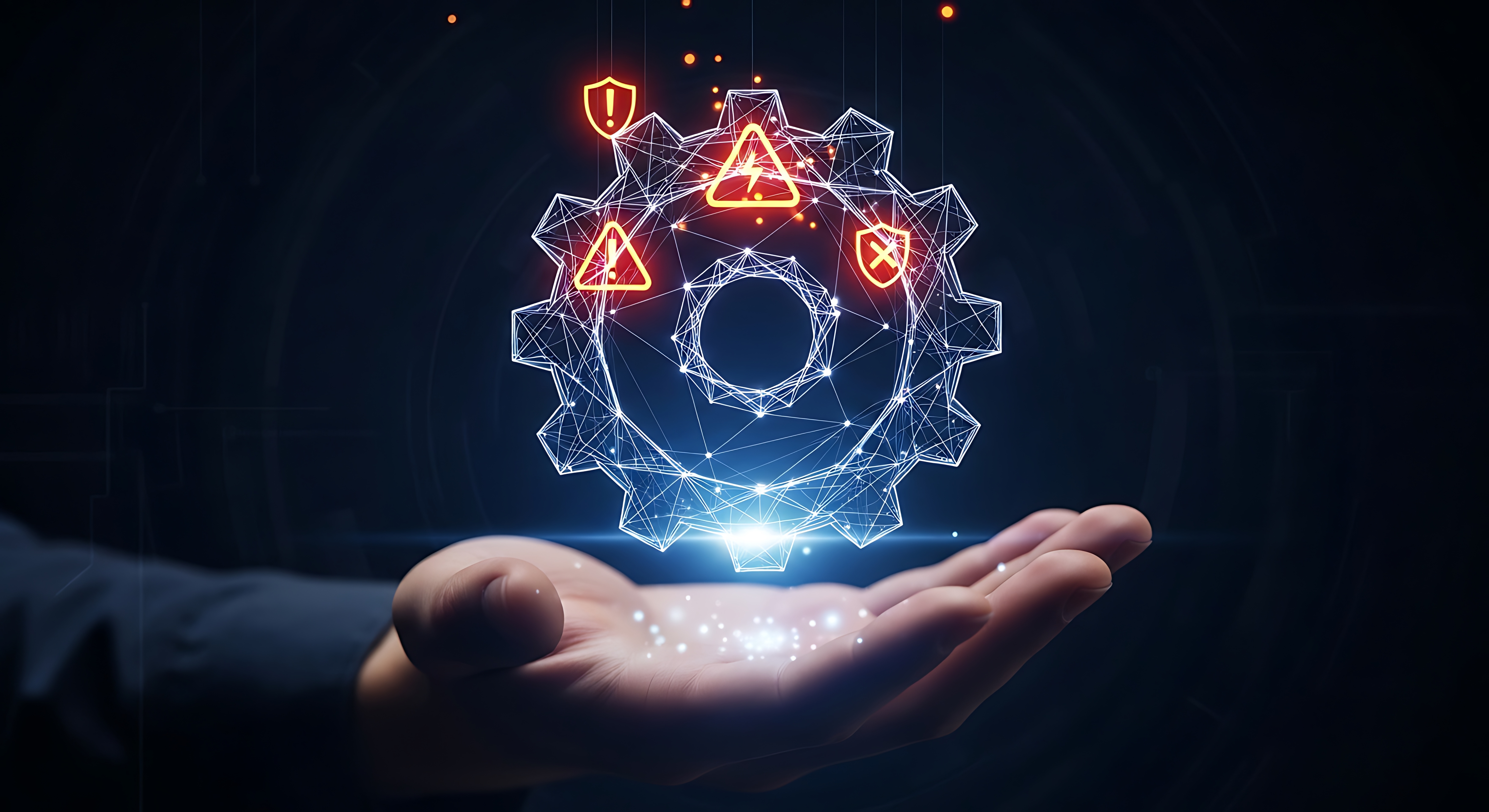 Stock photography: hand with palm open, digital representation of a gear with error alerts floating above