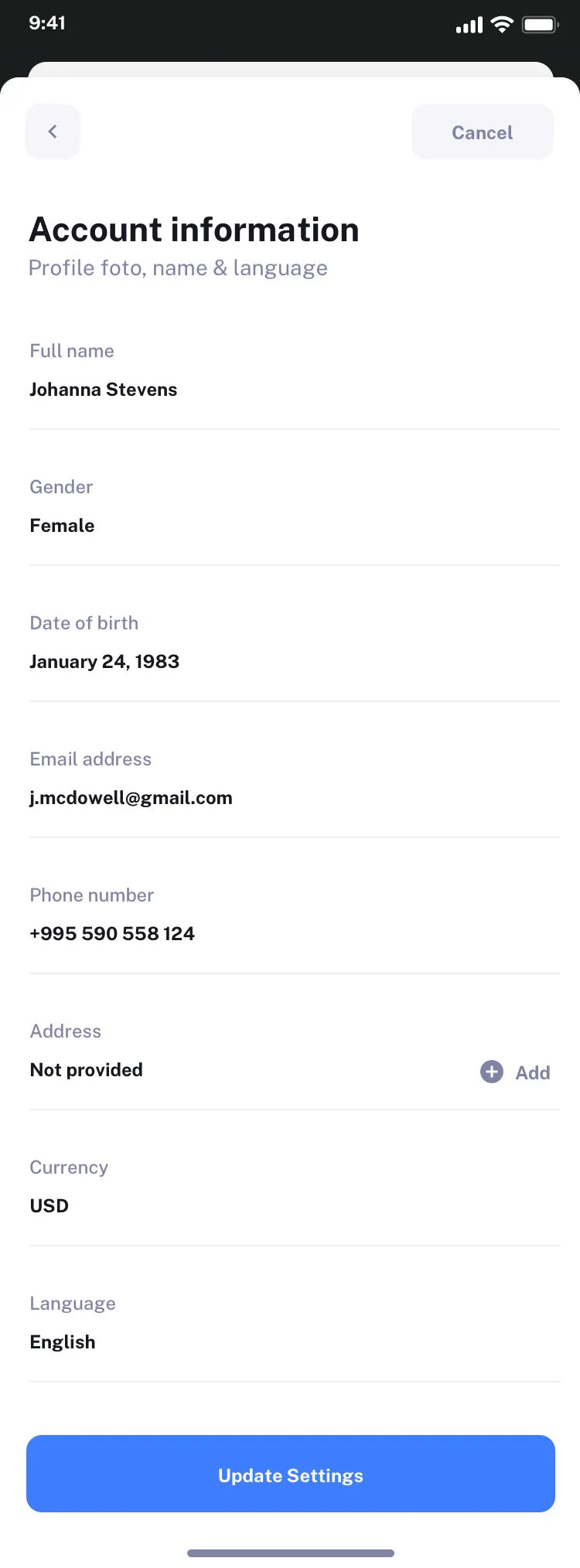 User profile mobile page design