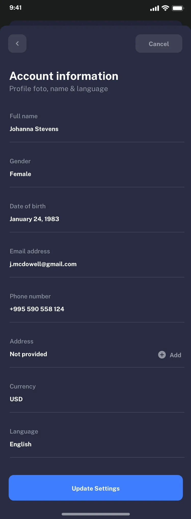 User profile mobile page design