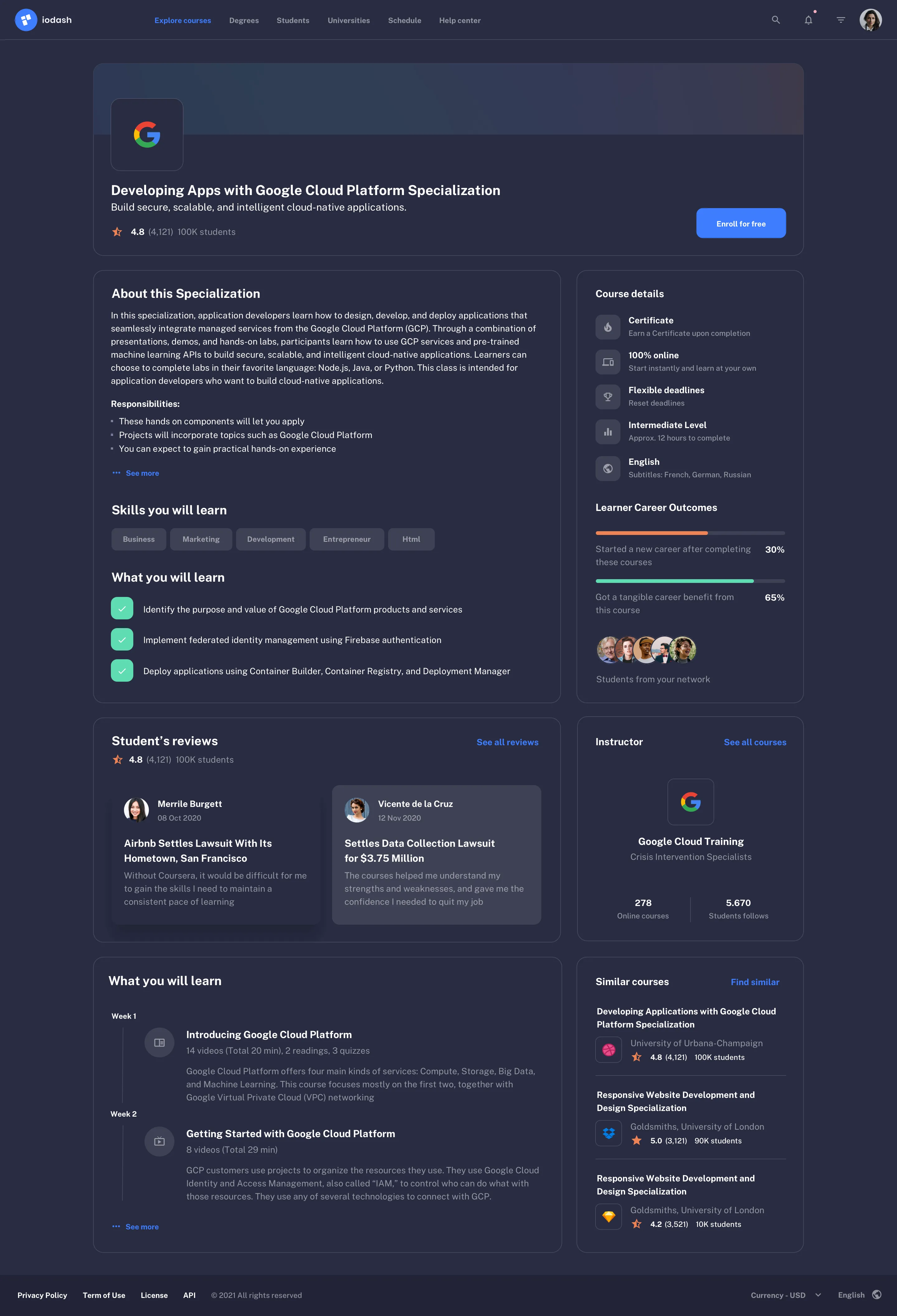 Course overview page design