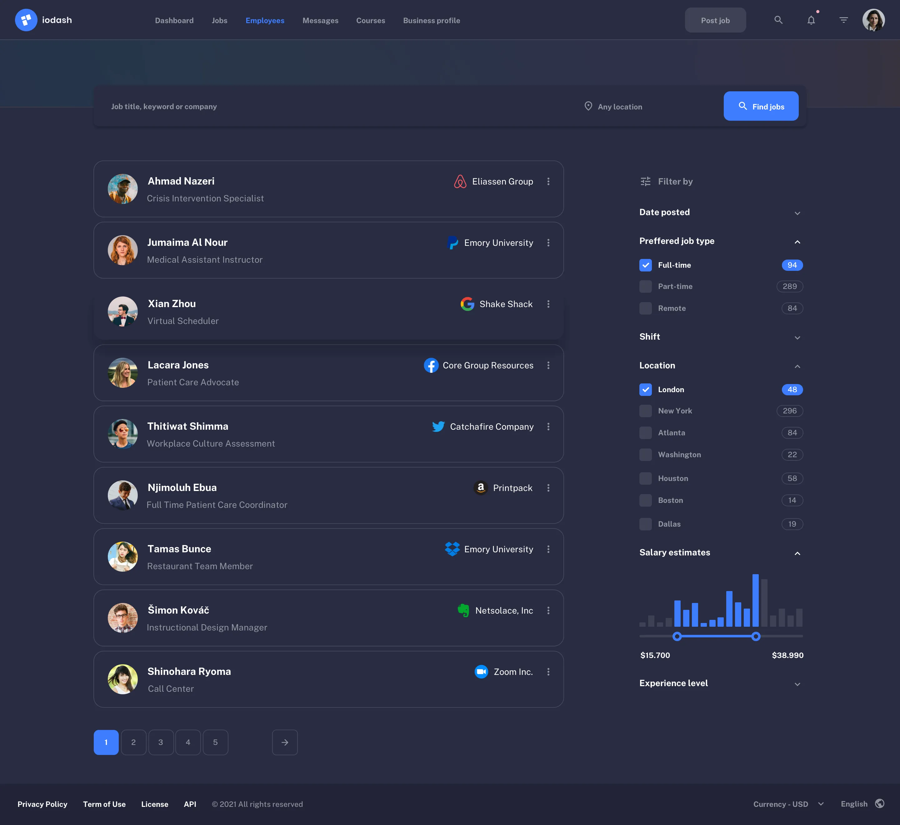 Jobs list page design