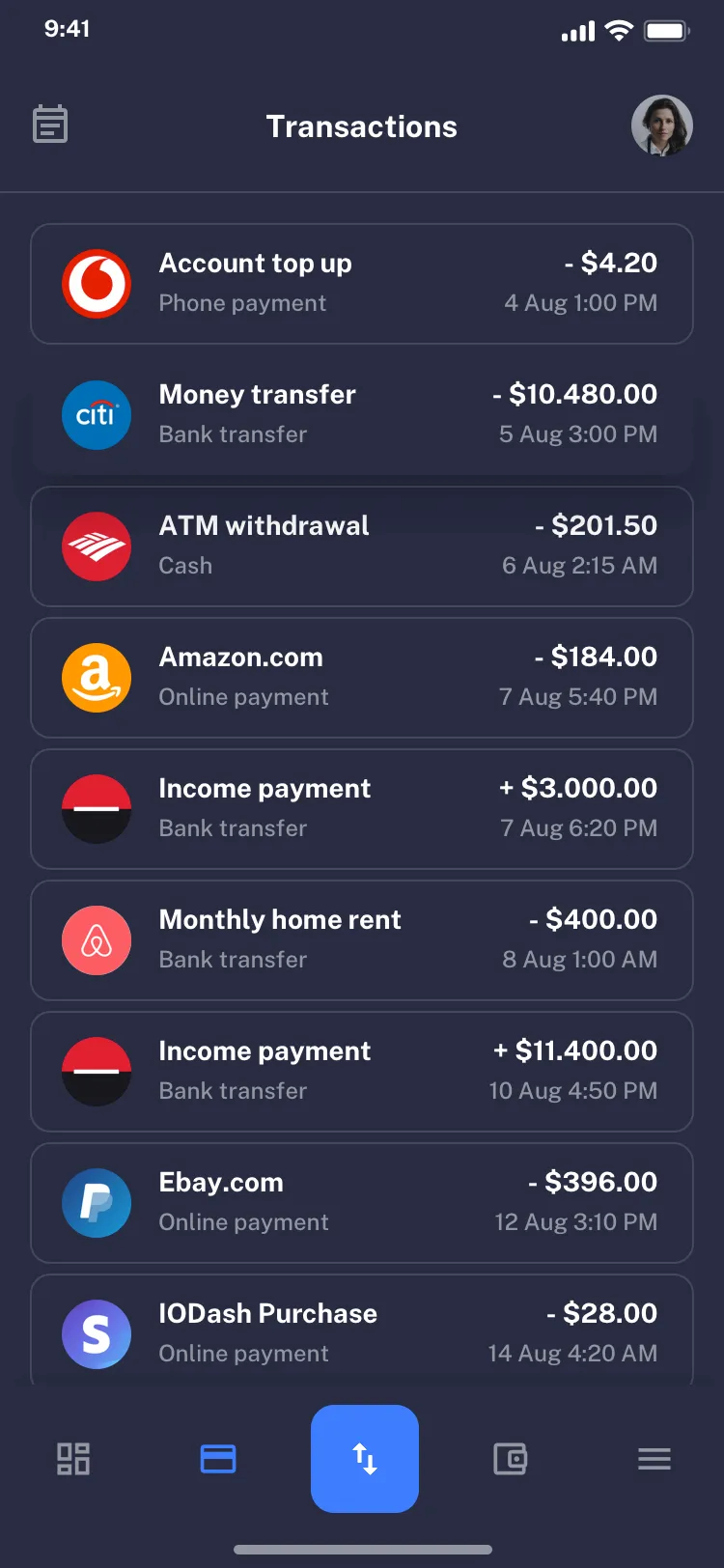 Mobile transactions list design